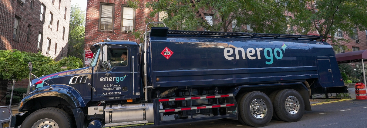 Energo heating oil truck parked on residential street in Brooklyn