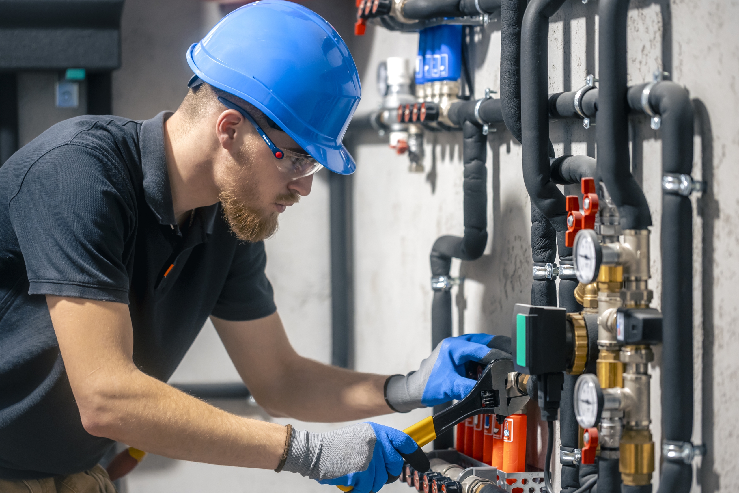 A man installs a heating system in a house and checks the pipes with a wrench.