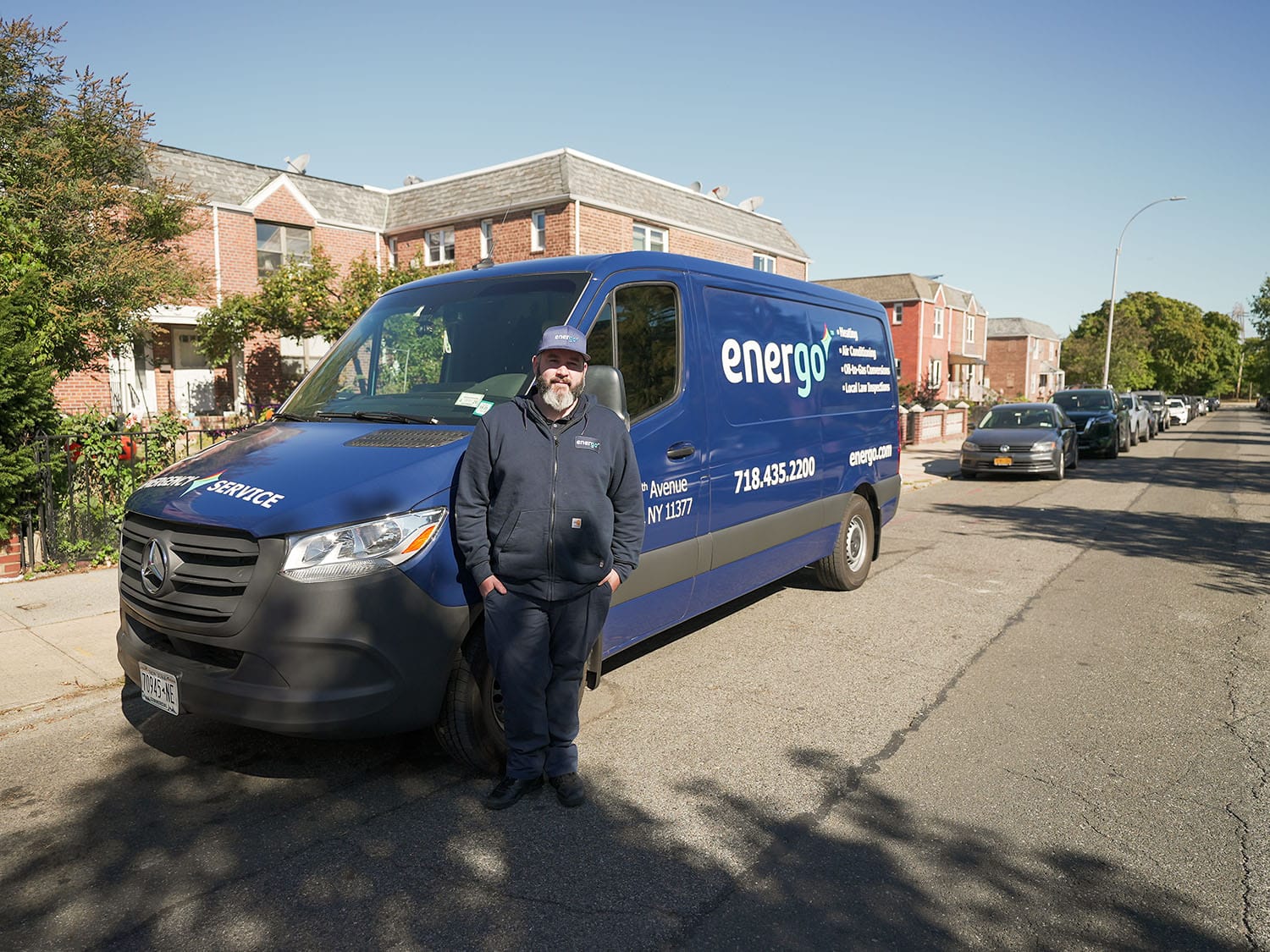 Energo residential heating oil delivery truck at NYC facility during winter