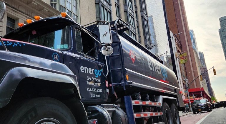 Energo oil delivery truck parked curbside in New York City