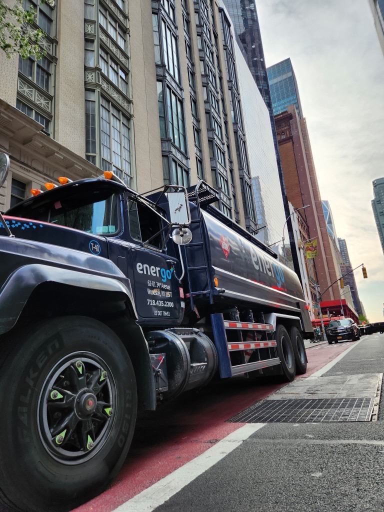 Energo oil delivery truck parked curbside in New York City