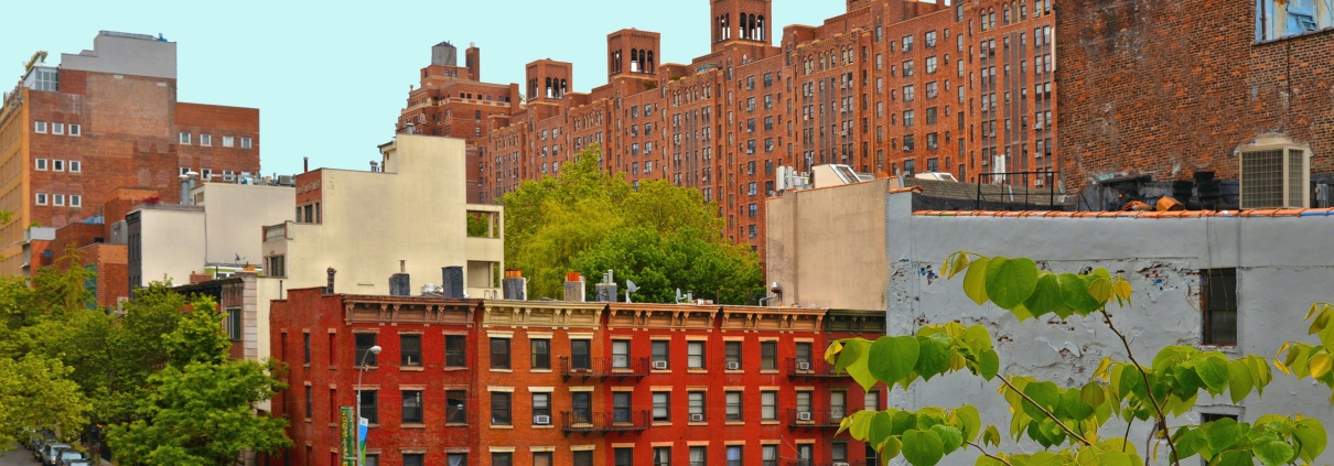Red brick apartment buildings in Manhattan neighborhood