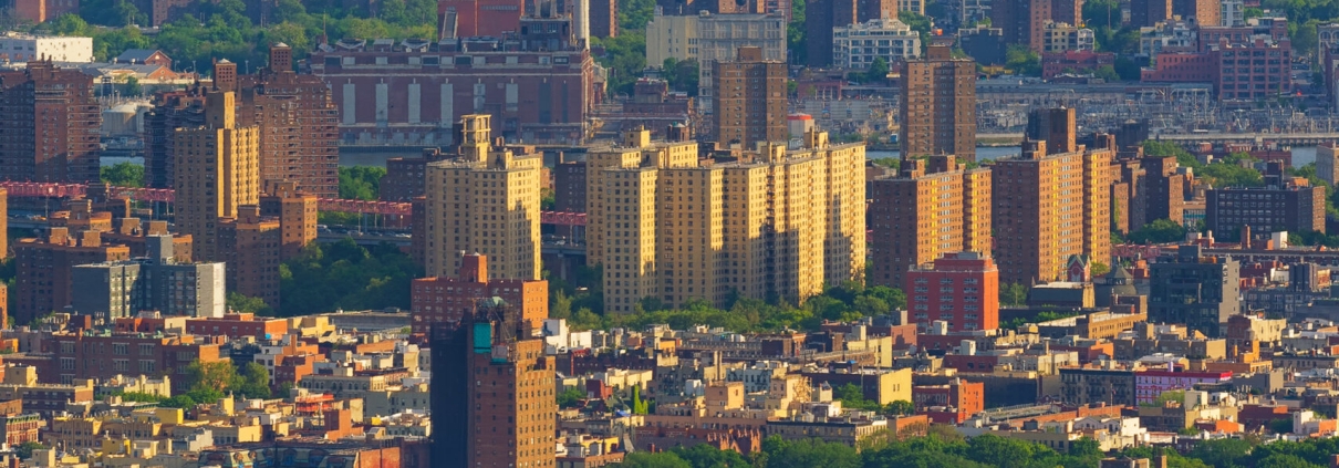 Aerial skyline view of Manhattan skyscrapers at sunset