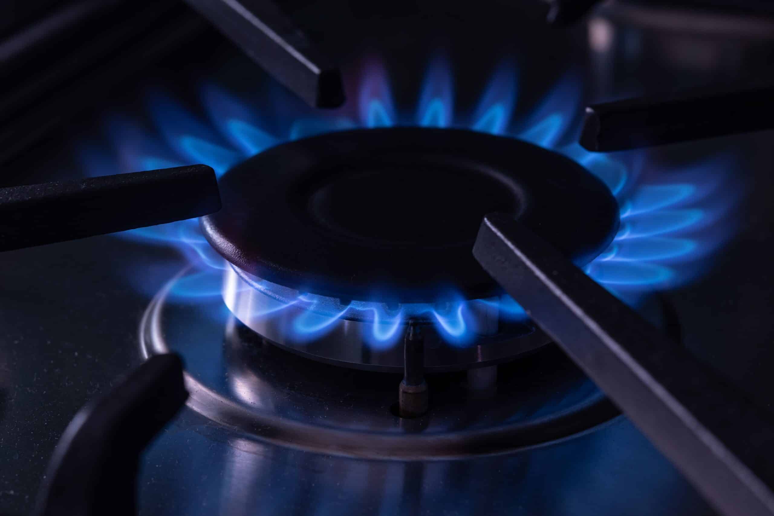 Close-up of natural gas burner flame on stove top