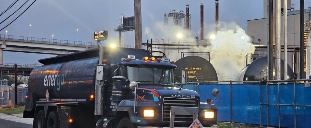 Energo fuel delivery truck operating at industrial site in NYC