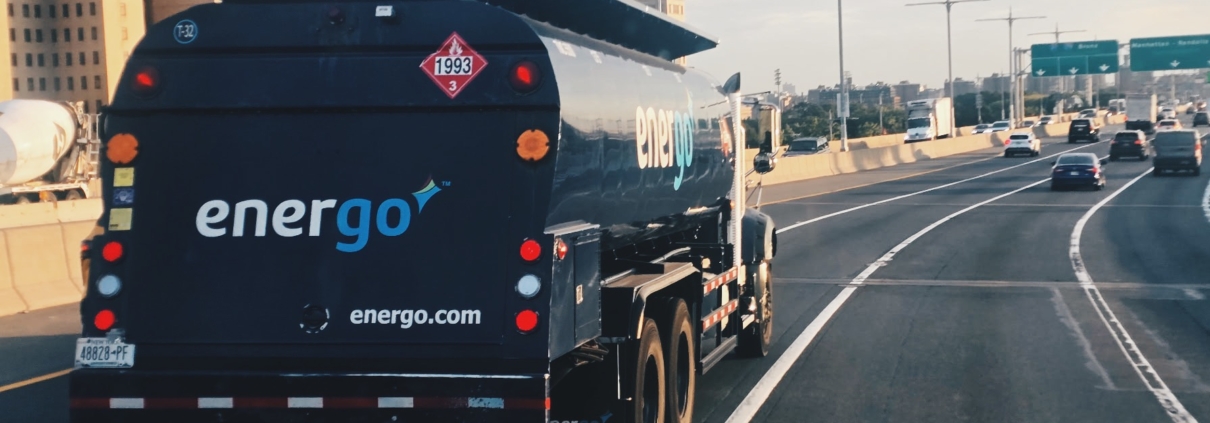 Energo home heating oil truck driving on NYC highway