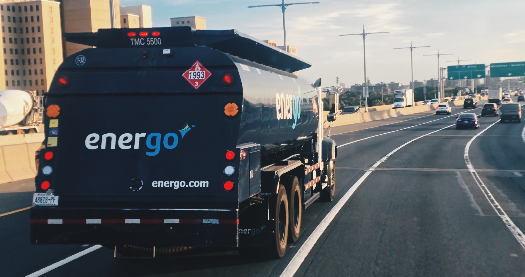 Energo home heating oil truck driving on NYC highway